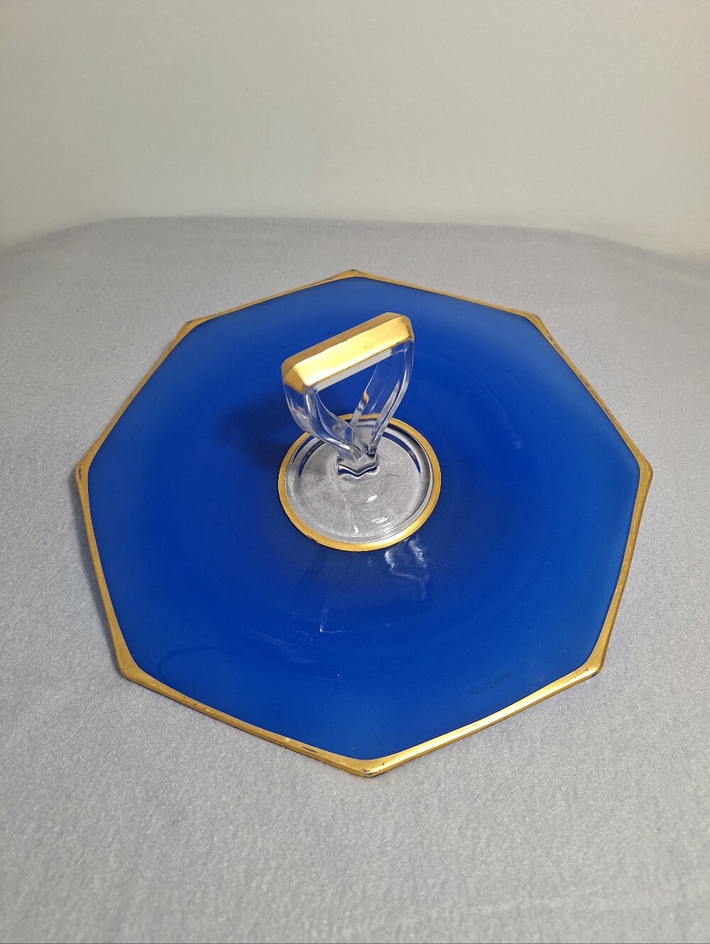 Vtg Cobalt Blue Glass Octagon Tidbit Cookie Dessert Plate Tray Gold Trim Handle